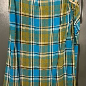 Michele Petite Linen blend Wrap Skirt in Blue and Green plaid. 12P. USA